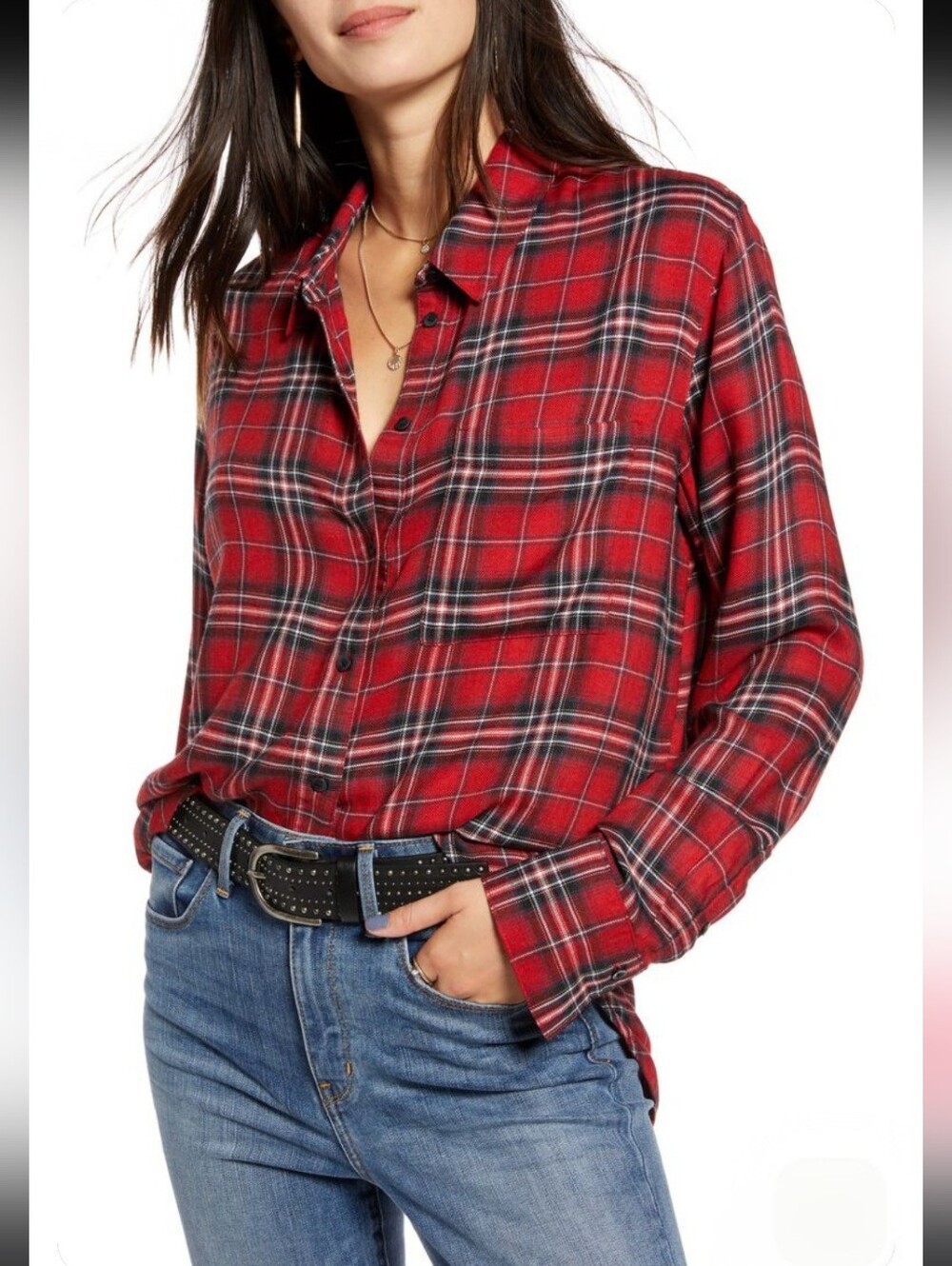 Treasure & Bond Boyfriend Red Plaid Button-Down Shirt
